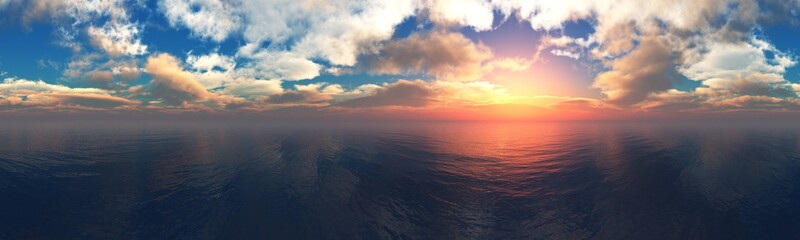 Beautiful seascape, water under the sky with clouds, 3D rendering