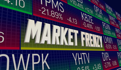 Market Frenzy High Volume Activity Trades Stock Prices Rise Up 3d Illustration - obrazy, fototapety, plakaty