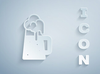 Paper cut Wooden beer mug icon isolated on grey background. Paper art style. Vector