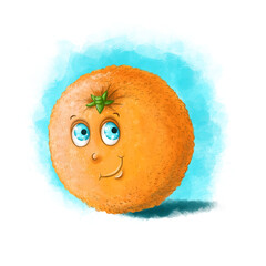 Children's illustration of funny orange fruit character with big eyes, cheerful and happy bright orange color character with leaves for design and children's games