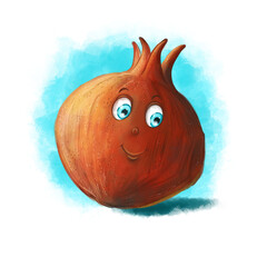 Children's illustration of funny pomegranate fruit character with big eyes, cheerful and happy bright burgundy color character for design and children's games