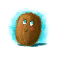 Children's illustration of funny kiwi fruit character with big eyes, cheerful and happy bright brown color character for design and children's play