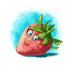 Children's illustration of a funny strawberry berry character, with big eyes, a cheerful and happy character of bright red color with leaves for design and children's games