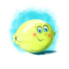 Children's illustration of funny cute lemon character, with big blue eyes, light green color, yellow for kids design or game