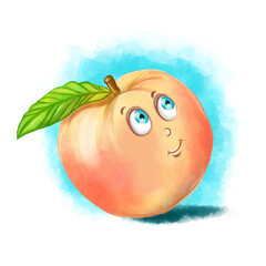Children's character illustration of a delicate cute peach, in cartoon style, healthy food, fruit for children, with big blue eyes for print or children's play
