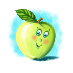 Childrens character illustration green apple, in cartoon style, healthy food, fruits for children, with big blue eyes for print or childrens games