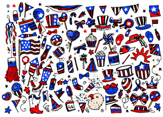 patriotic vector USA. a hand-drawn doodle-style set of isolated items of clothing and food in the symbolism of American culture, stars and stripes in the traditional red, blue and white colors for the