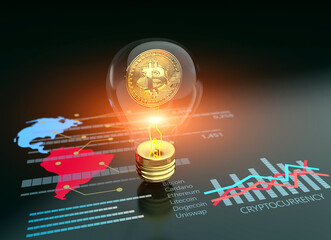 Fototapeta premium Bitcoin decentralized financial crypto art as golden coin cryptocurrency. Crypto market data banking abstract 3D symbol design lightbulb background.