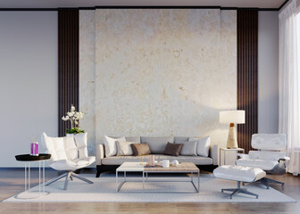 3d rendering,3d illustration, Interior Scene and  Mockup, Modern living room with two-modern armchair and side table, decorate with fabric and wood texture