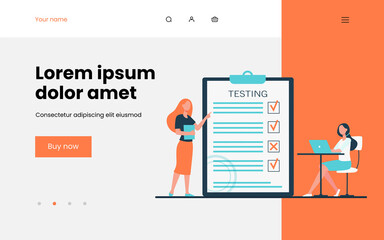 Female student passing exam and checking answers. Teacher, test, laptop flat vector illustration. Education and examination concept for banner, website design or landing web page