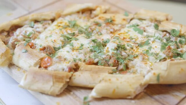 Chef Cuts Delicious Khachapuri with Sucuk To Pieces. Lebanon food
