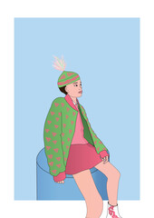 Kazakh girl in trendy green and pink outfit