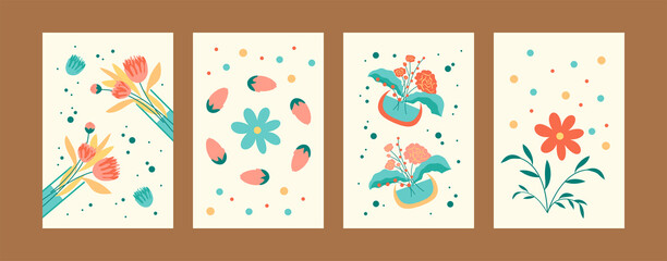 Fototapeta na wymiar Trendy floral collection of contemporary art posters. Bright flowers in vases and pots. Postcard invitation design. Flowers and bouquet concept for banners, website design or backgrounds