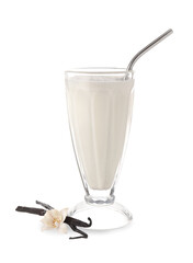 Glass with tasty vanilla milkshake on white background