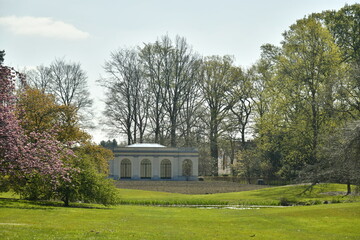 Fototapeta na wymiar Le pavillon d'été en court de finition devant un écrin de verdure à l'arboretum de Wespelaar