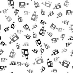 Black Beer bottle and beer can icon isolated seamless pattern on white background. Vector