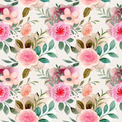 Seamless pattern of rose flower watercolor with splashes stains