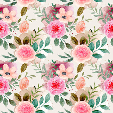 Seamless pattern of rose flower watercolor with splashes stains