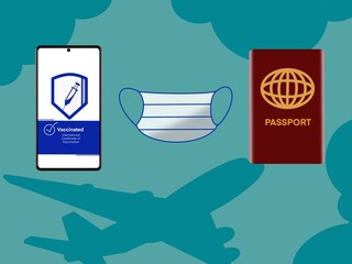 Illustration of Vaccine passport on smartphone,Face mask and Passport. Traveller item using for during Covid-19 pademic.
