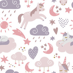 cute seamless pattern with unicorns, clouds, moon and stars for nursery textile, bedding, scrapbooking, kids clothing, wrapping paper, wallpaper, etc.