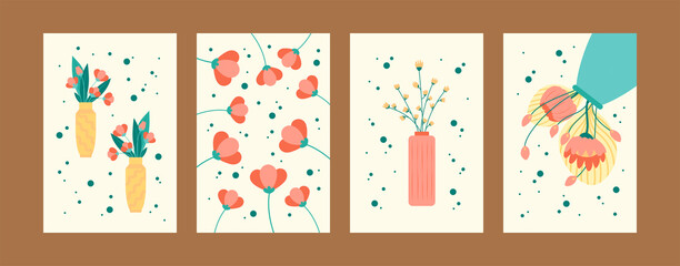 Fototapeta na wymiar Bright floral collection of contemporary art posters. Bright flowers in vases and pots. Postcard invitation design. Flowers and bouquet concept for banners, website design or backgrounds