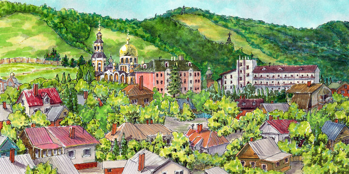 Houses on the hillside. Summer village landscape with a view of the Monastery. Drawing with markers. Handmade.
