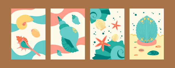 Colorful marine collection of contemporary art posters. Sea world illustration set in pastel colors. Cute seashells and starfish on gentle background. Sea life concept for banners, website design