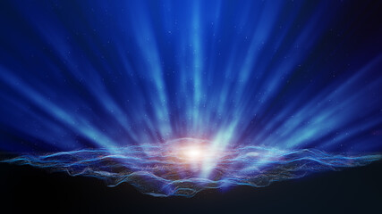 Blue landscape mountain and flare glitter light shine beam with dust particle effect abstract background. 3D Rendering.
