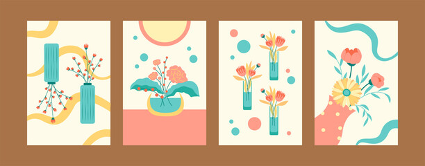Flower illustration set in bright colors. Bright flowers in vases and pots. Postcard invitation design. Flowers and bouquet concept for banners, website design or backgrounds