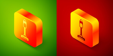 Isometric Vacuum cleaner icon isolated on green and red background. Square button. Vector