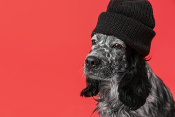 Cute dog in hat on color background