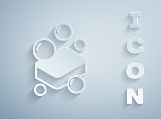 Paper cut Bar of soap icon isolated on grey background. Soap bar with bubbles. Paper art style. Vector