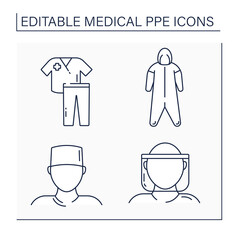 Medical PPE line icons set. Medical hood, coveralls, surgical cap, scrub suit. Barrier between person and germs. Health protections concept. Isolated vector illustrations. Editable stroke