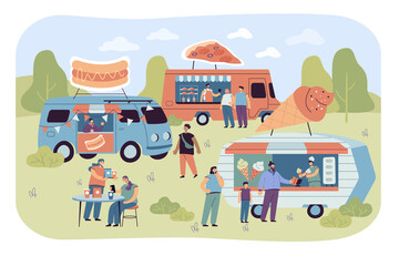 Crowd of people at street food fair in summer. Pizza, ice cream and hotdog trucks flat vector illustration. Street market, fast food, event concept for banner, website design or landing web page