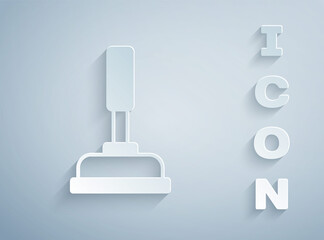 Paper cut Rubber plunger with wooden handle for pipe cleaning icon isolated on grey background. Toilet plunger. Paper art style. Vector