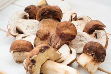 Wooden basket full of fresh boletus mushrooms