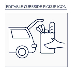 Curbside pickup line icon. Transporting products from grocery into car trunk. Safe way to pick up orders from supermarkets. Contact-free delivery concept. Isolated vector illustration. Editable stroke