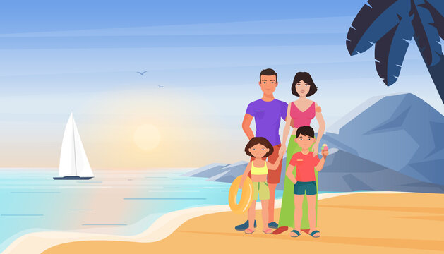 Family people on summer sea beach vacation vector illustration. Cartoon young mother father and children tourist characters standing together in tropical island paradise resort summertime background