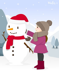 Girl making snowman that wearing a scarf in winter