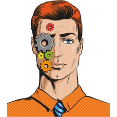 Pop art man cogwheel mechanism on face vector icon