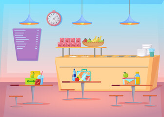 Fototapeta premium Cozy empty canteen interior cartoon illustration. Flat vector picture of cafe space with healthy food on tables, chairs, menu. Can be used for restaurant business. Cafeteria, lunch time concept.