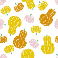 Cartoon style Halloween seamless pattern of multicolored pumpkins. Perfect for scrapbooking, textile and prints. Hand drawn vector illustration for decor and design.

