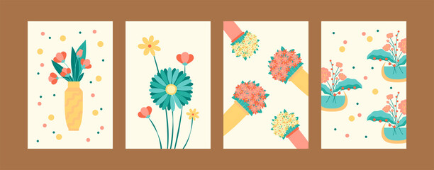 Fototapeta na wymiar Blossoming flowers in pastel style. Bright flowers in vases and pots. Postcard invitation design. Flowers and bouquet concept for banners, website design or backgrounds