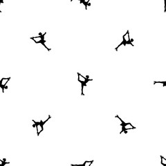 Fototapeta na wymiar Seamless pattern of repeated black female figure skating symbols. Elements are evenly spaced and some are rotated. Vector illustration on white background