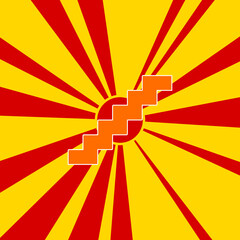 Stairs symbol on a background of red flash explosion radial lines. The large orange symbol is located in the center of the sun, symbolizing the sunrise. Vector illustration on yellow background