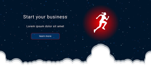 Business startup concept Landing page screen. The running woman symbol on the right is highlighted in bright red. Vector illustration on dark blue background with stars and curly clouds from below