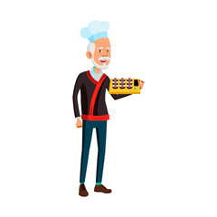 old japanese man chef holding cooked sushi in restaurant cartoon vector. old japanese man chef holding cooked sushi in restaurant character. isolated flat cartoon illustration