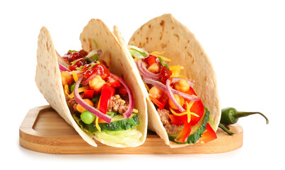 Board with tasty tacos on white background