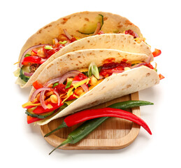 Board with tasty tacos on white background