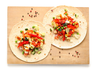 Board with tasty tacos on white background